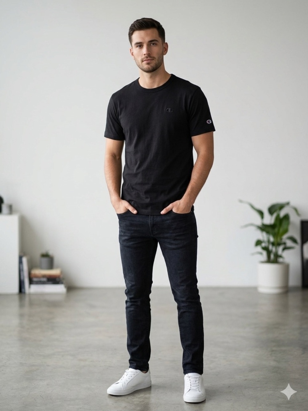 CHAMPION Black Short Sleeve Logo Tee. Size S